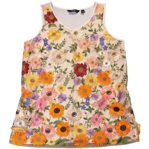 Dennis Basso 3D Embroidered Floral Mesh Tank Top Womens L Citrus Bloom